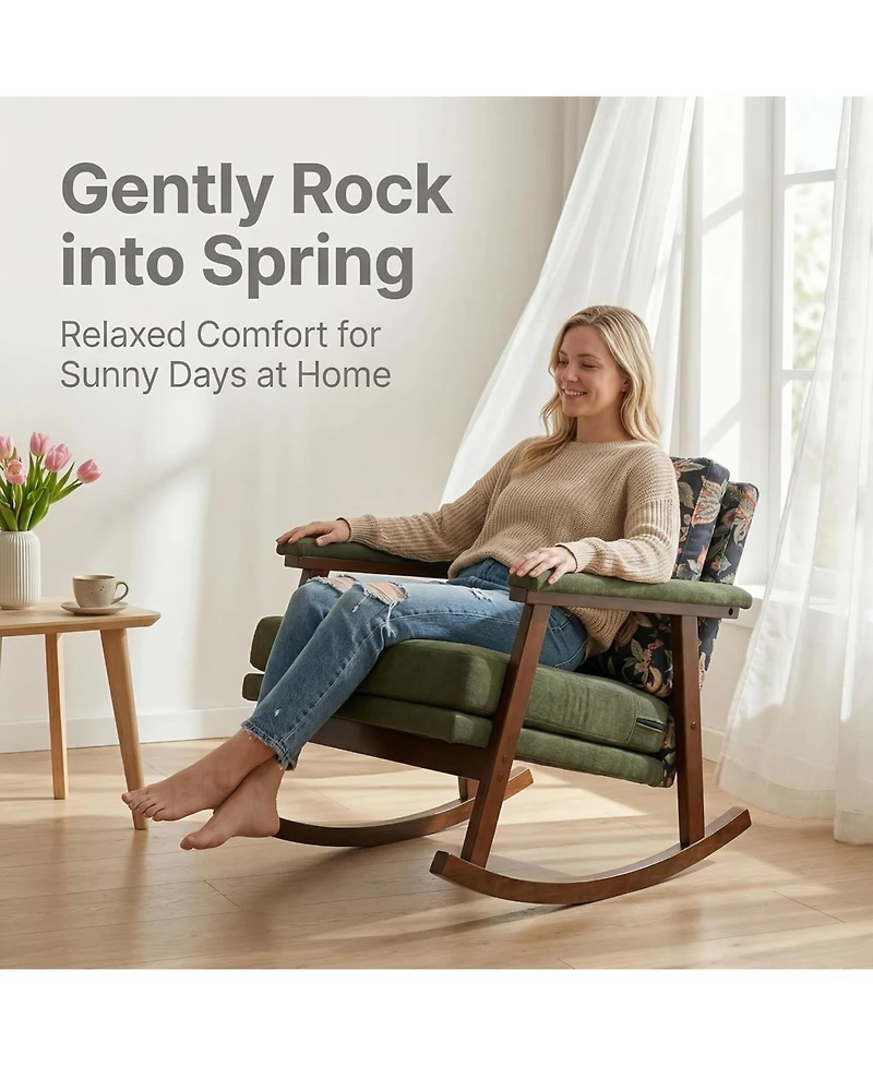 Rainsken Rocking Accent Chair, Upholstered Chair with Solid Rubberwood Frame, Cozy Reading for Small Spaces, Living Room/Bedroom