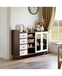 homfan Glass Door Sideboard Cabinet with Grille Design, Buffet Server Storage Shelves for Dining Room Living