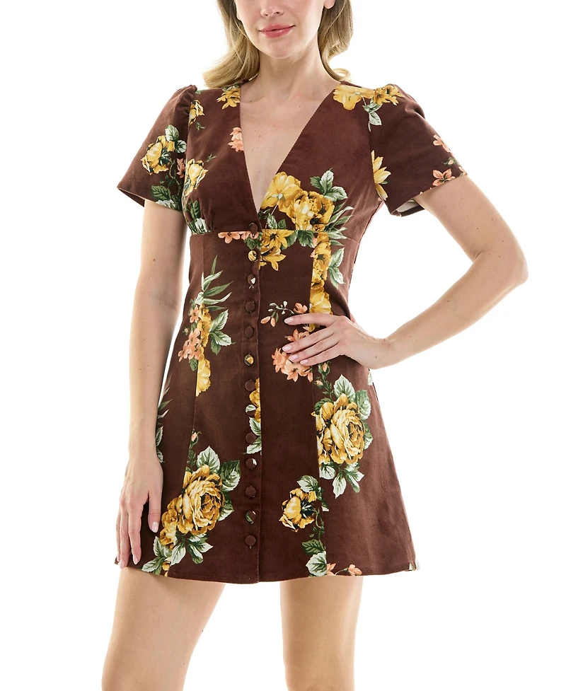 Rare Juniors' Floral V-Neck Lace-Back Short Flutter-Sleeve Mini Dress