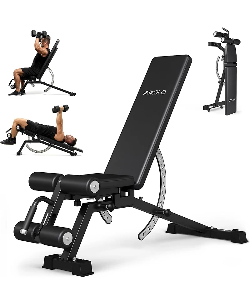 Mikolo 1200LB Weight Bench – Adjustable Workout Bench with Detachable Leg Support and Vertical Storage, Space-Saving Exercise Bench for Home Gym