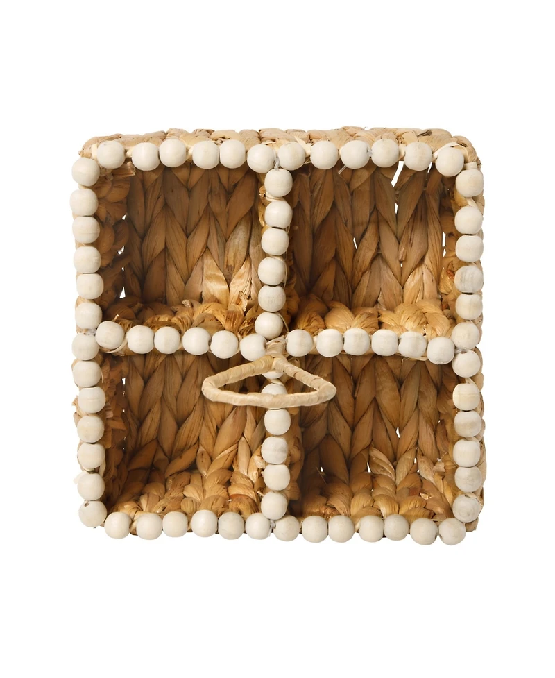 Gibson Home Woven Utensil Caddy with 4 Compartments, Hand-Braided Water Hyacinth Basket with Wood-Bead Trim