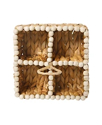 Gibson Home Woven Utensil Caddy with 4 Compartments, Hand-Braided Water Hyacinth Basket with Wood-Bead Trim