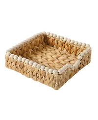 Gibson Home Woven Decorative Napkin Holder Tray - Water Hyacinth Square Basket with Wood-Bead Trim for Napkins