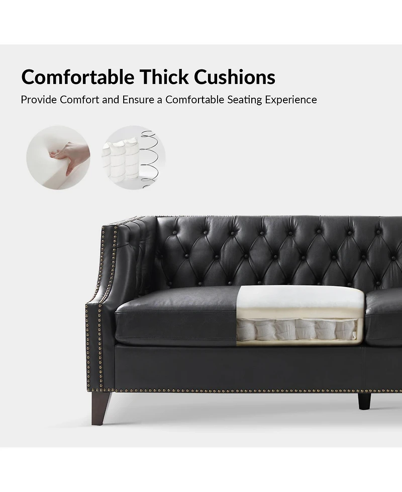 Hulala Home Theotis 84"W Chesterfield Button-Tufting Genuine Leather Sofa with Solid Wood Legs