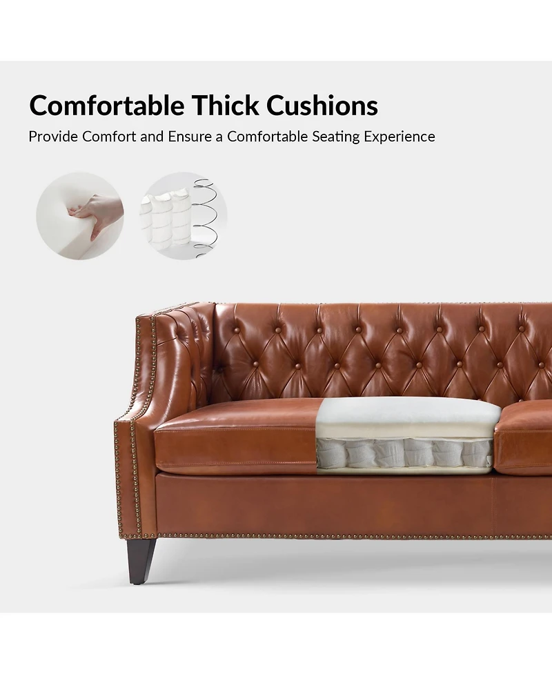 Hulala Home Theotis 84"W Chesterfield Button-Tufting Genuine Leather Sofa with Solid Wood Legs