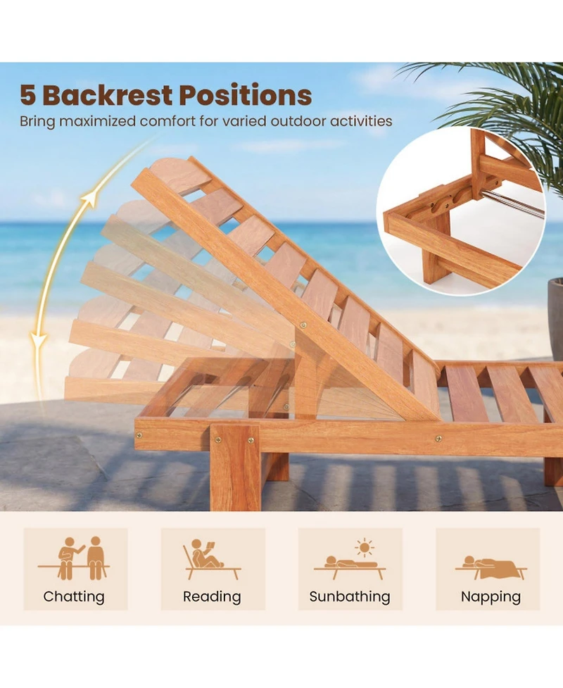 Gouun Solid Wood Patio Chaise Lounge Recliner with 5-Position Adjustable Backrest