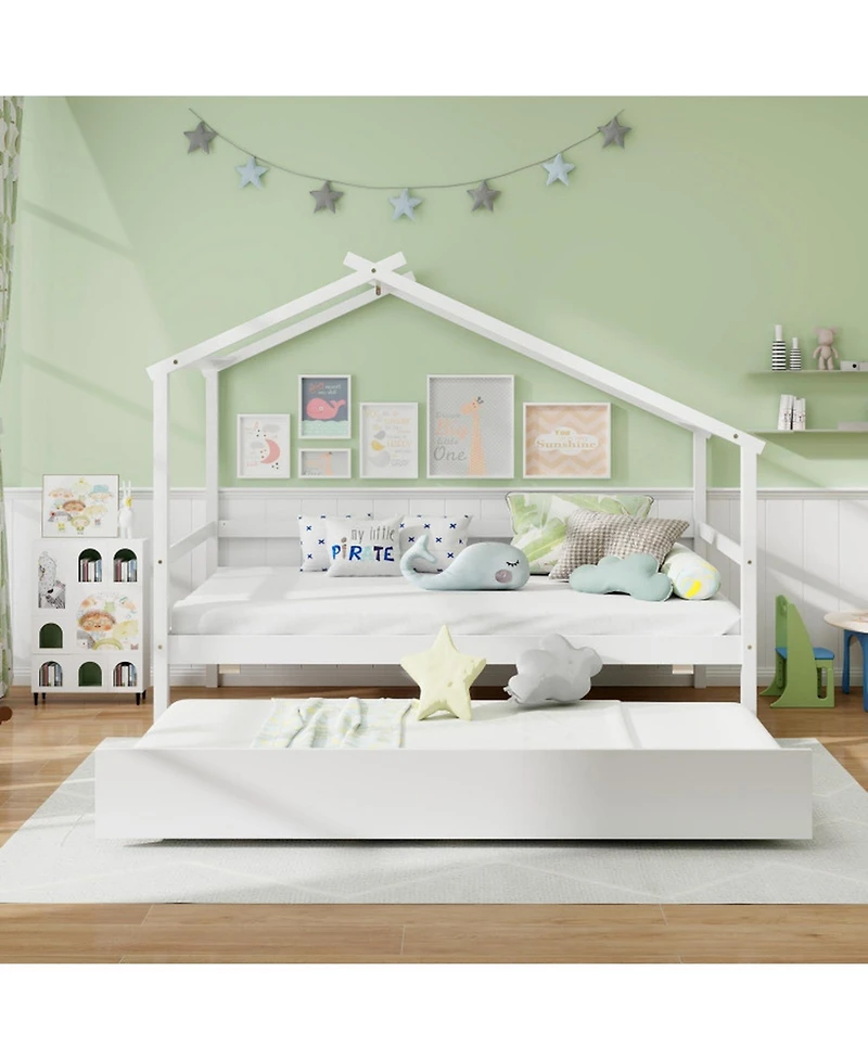 Gouun Twin House Bed Frame Trundle Roof 8 Plywood Slats Kids Guardrail