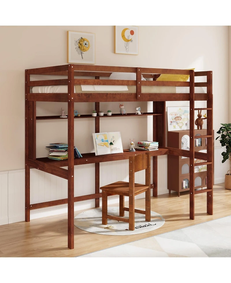 Gouun Twin Loft Bed with Built-In Desk and Storage Shelf for Kids
