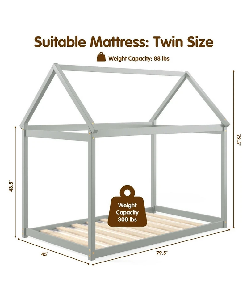 Gouun Twin Kids House Bed with Roof and Reinforced Slats