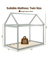 Gouun Twin Kids House Bed with Roof and Reinforced Slats