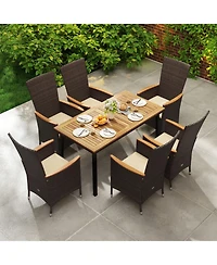 Gouun 7-Piece Outdoor Wicker Dining Set with Acacia Wood Table