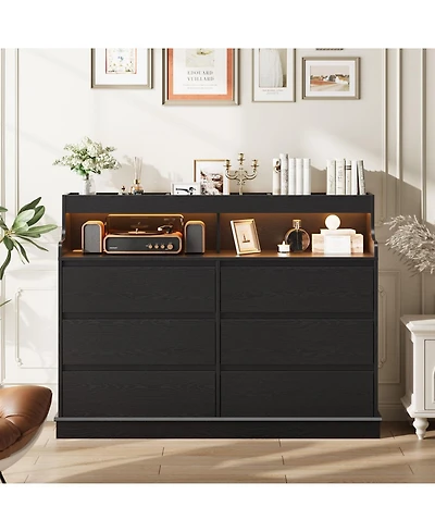 gaomon Dresser for Bedroom with 6 Drawers, Modern Chest Featuring Led Lights and Charging Station