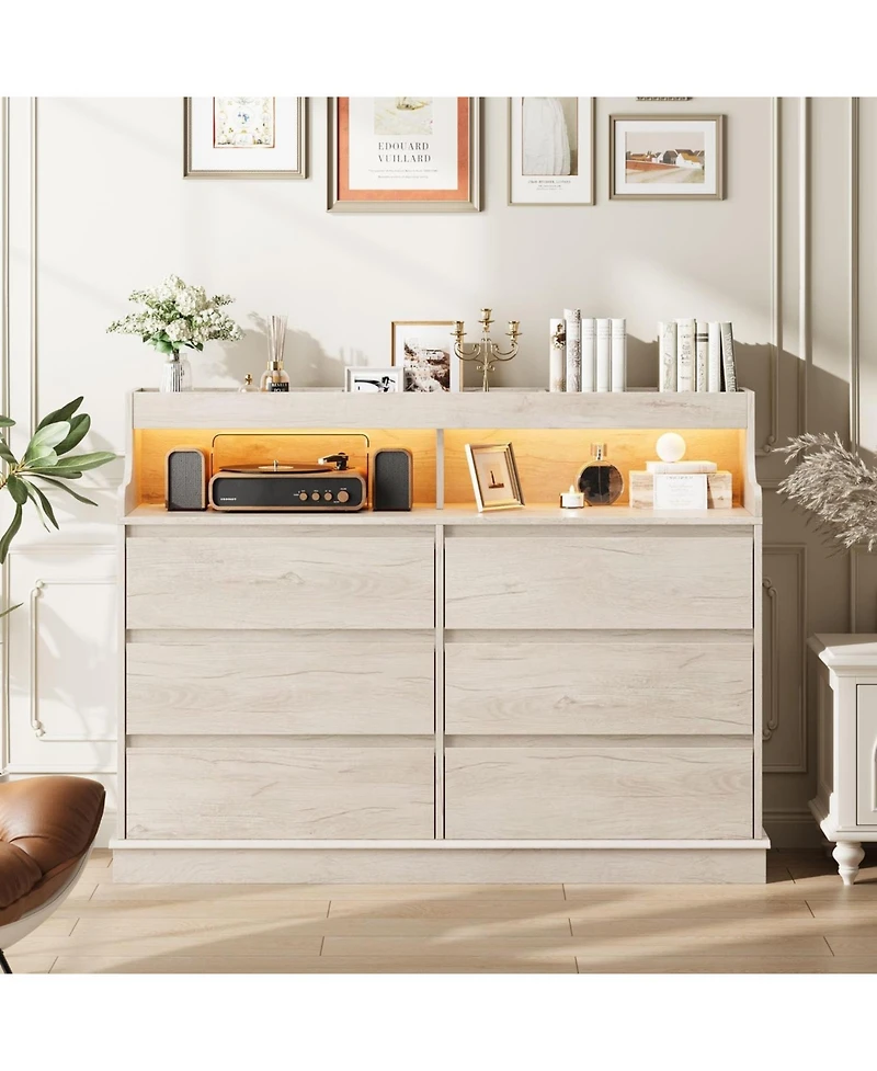 gaomon Dresser for Bedroom with 6 Drawers, Modern Chest Featuring Led Lights and Charging Station