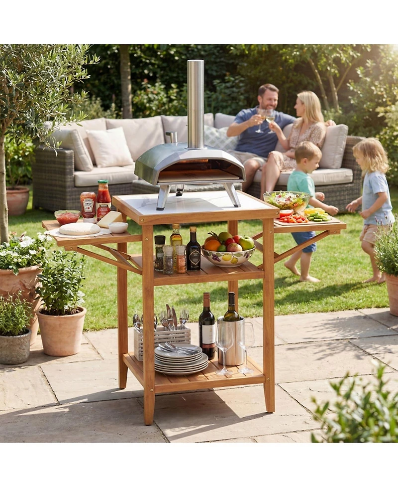 Gouun Acacia Wood Grill Table with Faux Marble Top and Drop-Leaf Sides