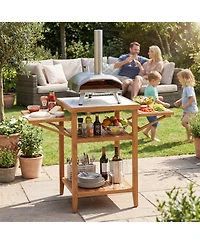 Gouun Acacia Wood Grill Table with Faux Marble Top and Drop-Leaf Sides