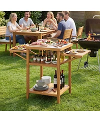 Gouun Acacia Wood Grill Table with Faux Marble Top and Drop-Leaf Sides