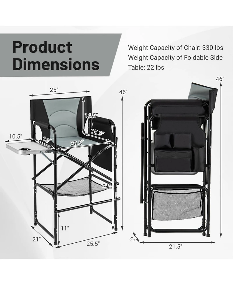 Gouun 46-Inch Tall Director's Chair with Side Table and Footrest