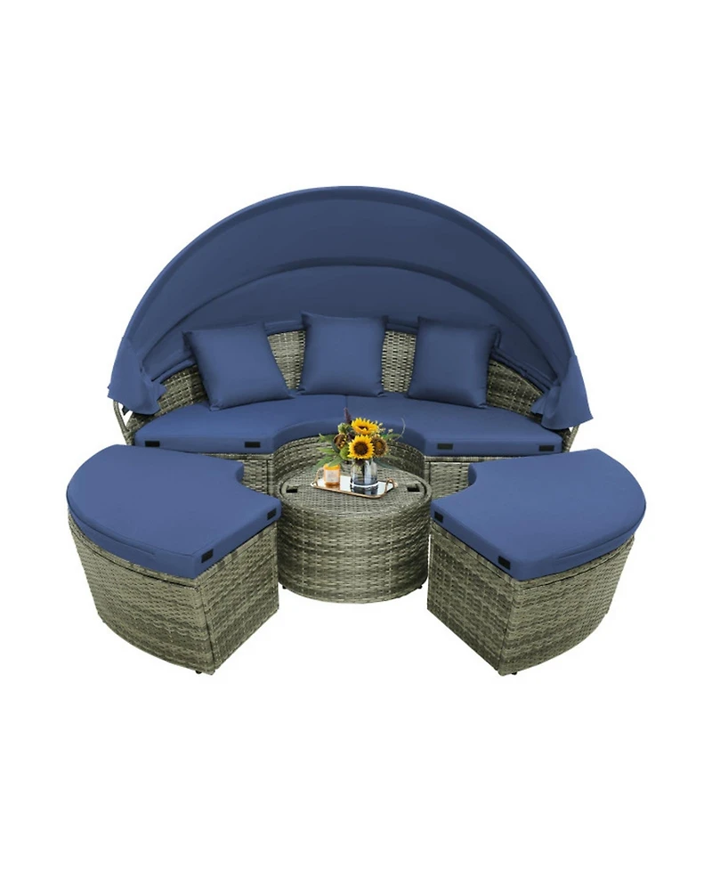 Gouun Outdoor Round Wicker Daybed with Retractable Canopy and Cushions