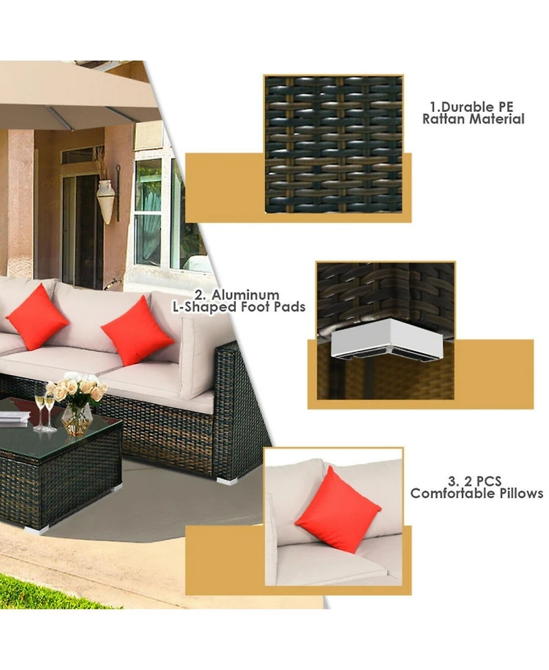 Gouun 5-Piece Modular Patio Sectional Set with Cushions and Glass Table