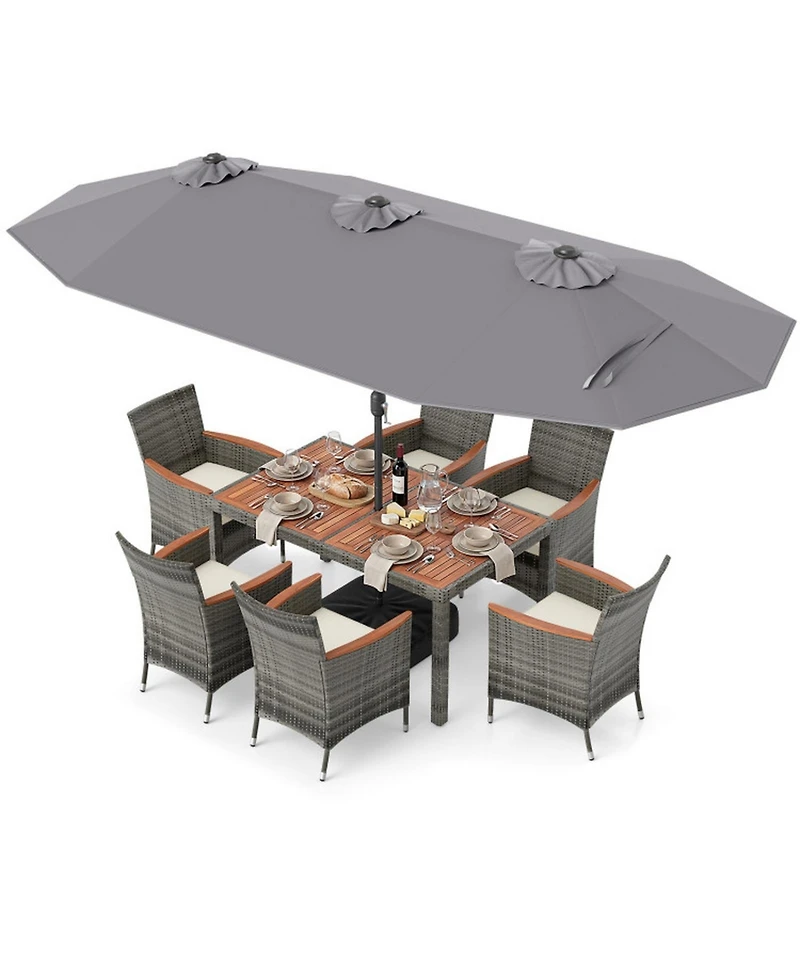 Gouun 8-Piece Outdoor Wicker Dining Set with 13.5 Ft Double-Sided Solar Led Umbrella