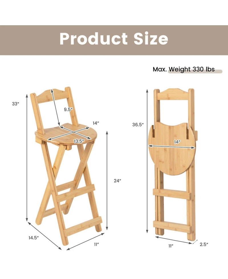 Gouun Set of 2 Folding Bamboo Bar Stools with Backrest, 24 in