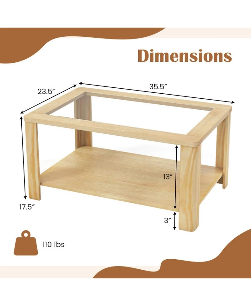 Gouun 2-Tier Rectangular Coffee Table with Tempered Glass Top