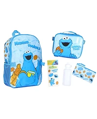 Sesame Street Cookie Monster Backpack 5-Piece Mega Set Cookie Time Kids School Bag Lunch Box Pencil Case Water Bottle 16"