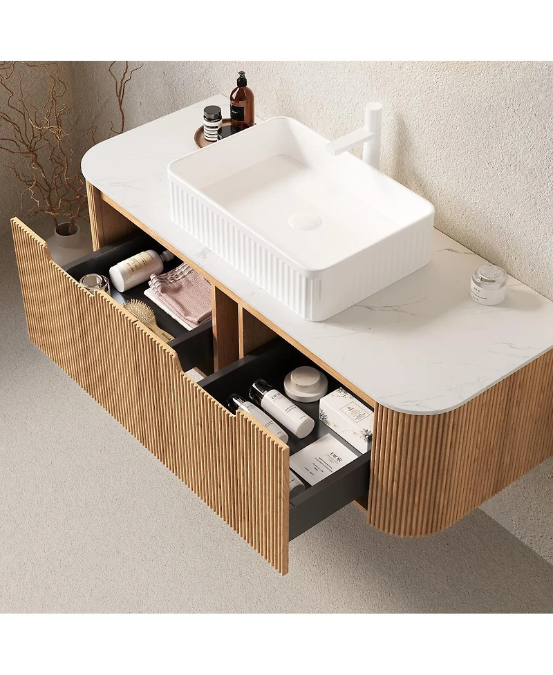 Sillysis Wall Mounted Bathroom Vanity with Rectangular Ceramic Sink, Modern Wood Grain Cabinet, Soft Close Drawer, Pre-assembled