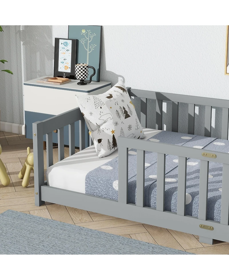 Sailvan Twin Floor Bed with Fence,Solid Rubber Wood Kids Frame