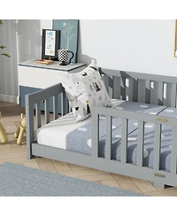 Sailvan Twin Floor Bed with Fence,Solid Rubber Wood Kids Frame