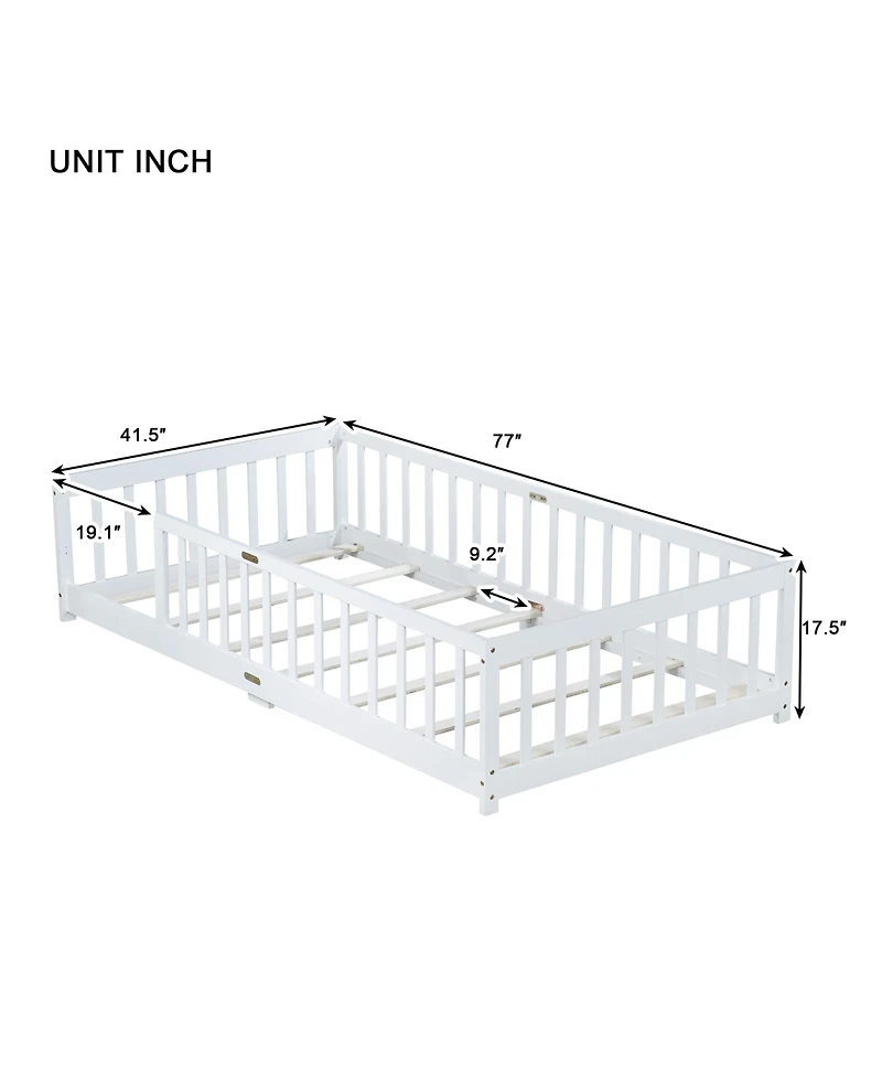 Sailvan Twin Floor Bed with Fence,Solid Rubber Wood Kids Bed Frame