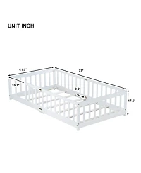 Sailvan Twin Floor Bed with Fence,Solid Rubber Wood Kids Bed Frame