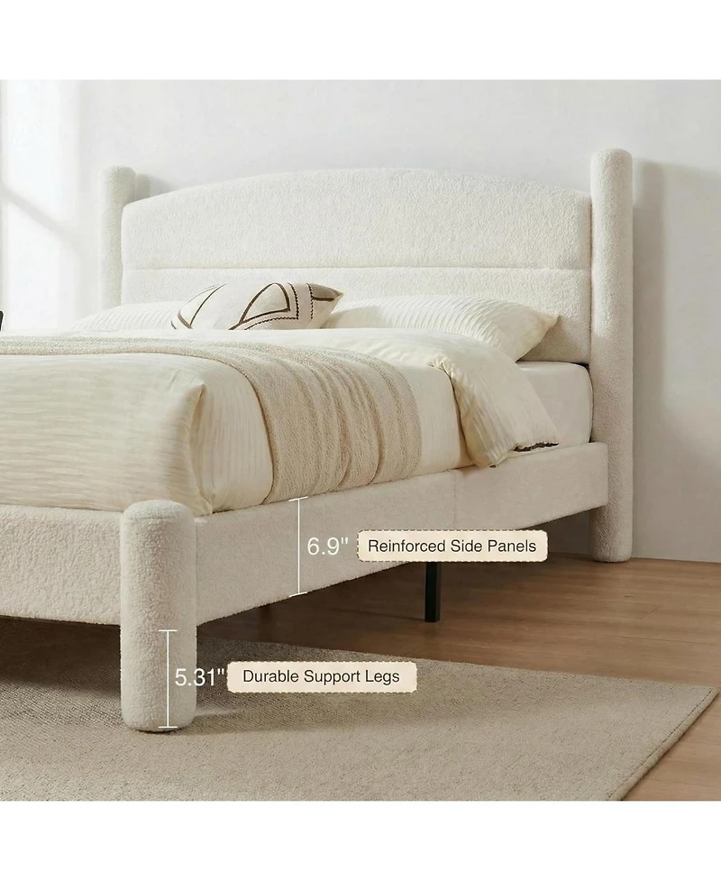 gaomon Boucle Bed Frame, Upholstered Platform Cloud with Soft Round Headboard and Cylindrical Legs, Noise Free Heavy Duty