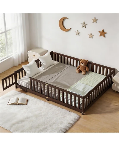 Sailvan Queen Floor Bed with Fence and Door, Solid Wood Kids Platform Frame