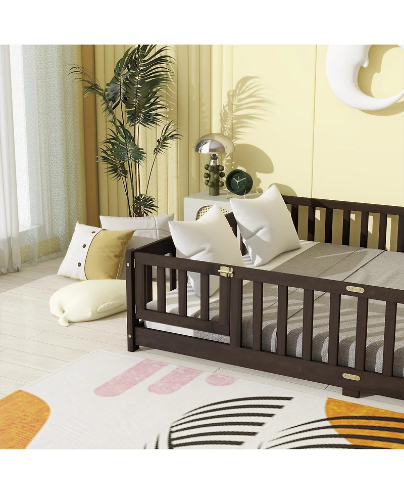 Sailvan Queen Floor Bed with Fence and Door, Solid Wood Kids Platform Frame