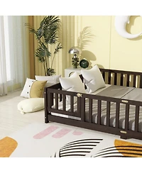 Sailvan Queen Floor Bed with Fence and Door, Solid Wood Kids Platform Frame
