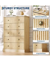 homfan 5 Drawer Tall Dresser with Fluted Front and Metal Handles for Bedroom, Guest Room, Apartment, Entryway