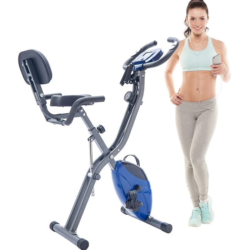 Zeny Folding Exercise Bike, Fitness Upright and Recumbent X-Bike with 16-Level Adjustable Resistance, Arm Bands and Backrest