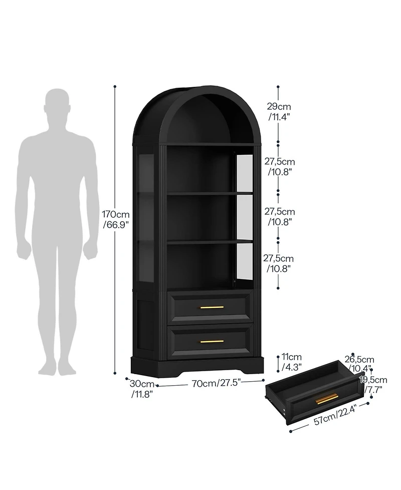 Slickblue Tall Bookcase with Led Lighting, Arched Design and 2 Drawers