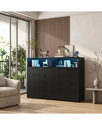 homfan 55.1" 8-Drawer Engineered Wood Dresser with Led Lights, Power Outlet, Shelves and Curved Edge Design for Bedroom