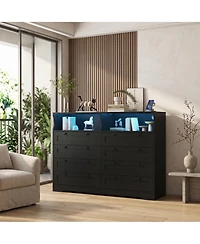homfan 55.1" 8-Drawer Engineered Wood Dresser with Led Lights, Power Outlet, Shelves and Curved Edge Design for Bedroom
