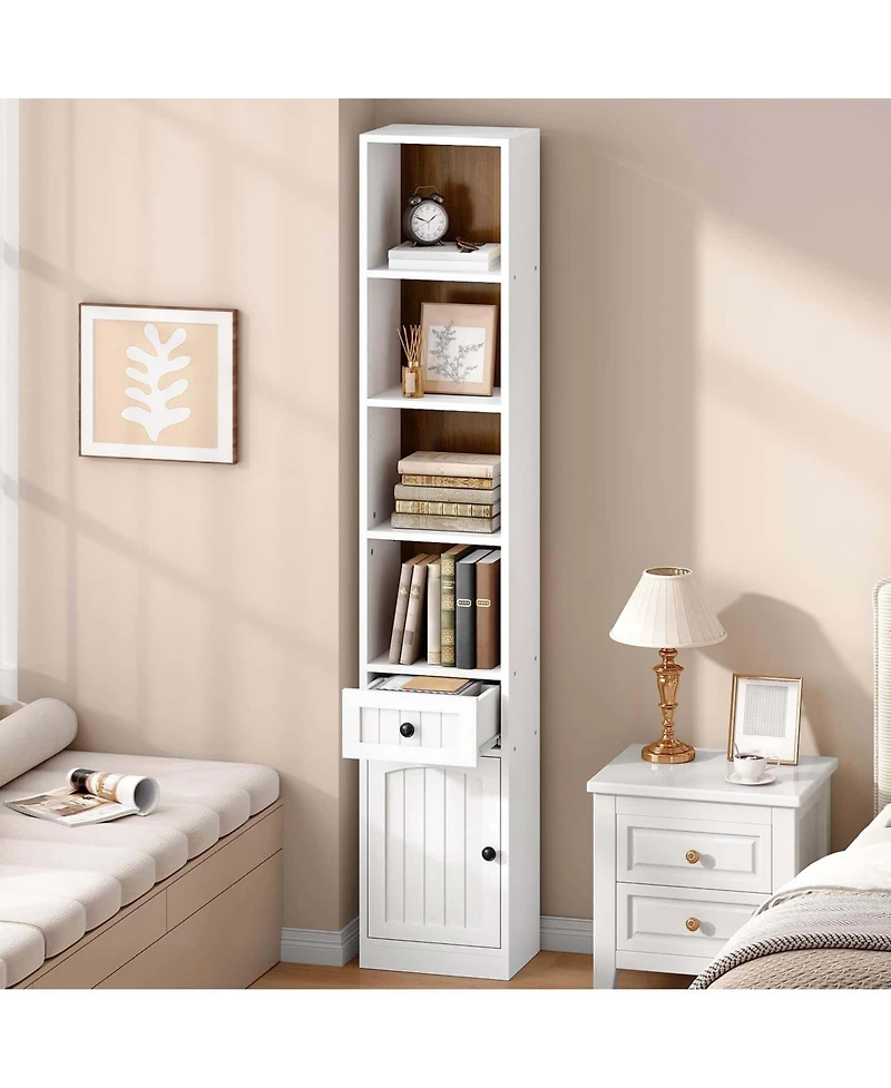 Slickblue Narrow Storage Bookcase with Cabinet and Adjustable Shelving for Home