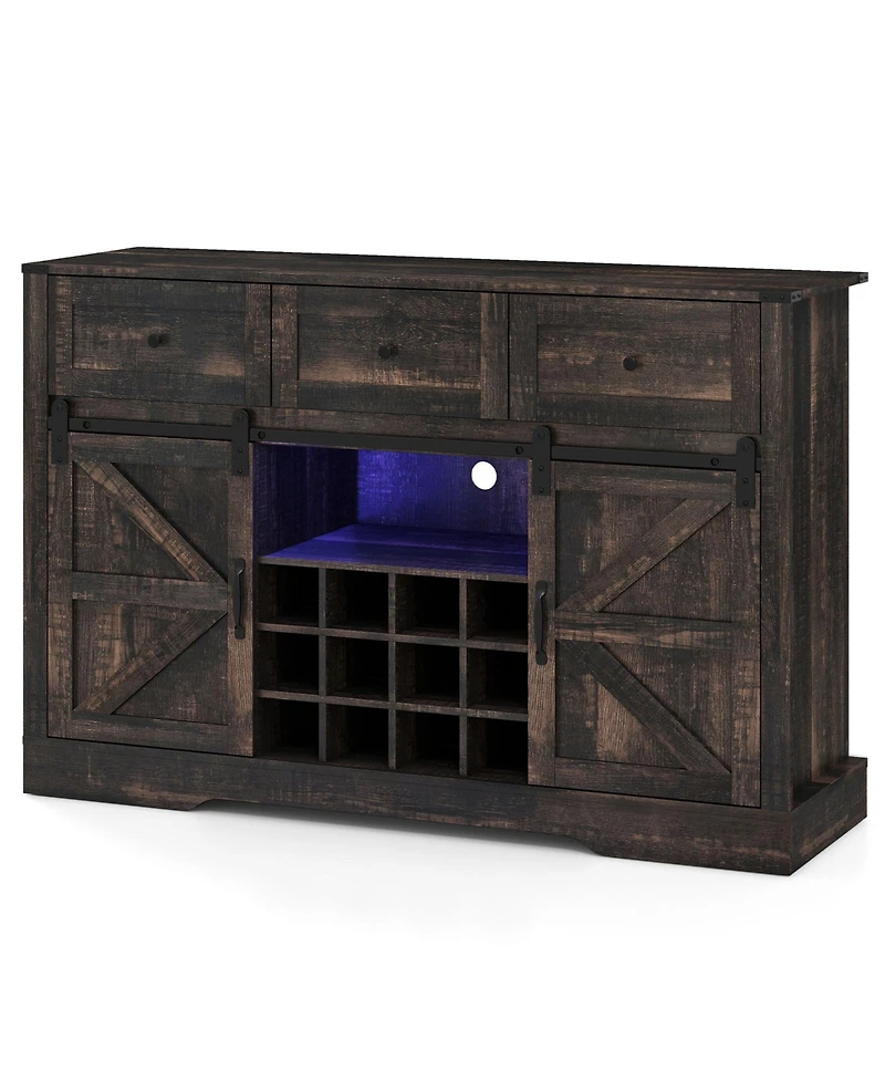 Slickblue 52 Inch Home Bar Cabinet with Led Lights, Sliding Barn Doors and Wine Storage
