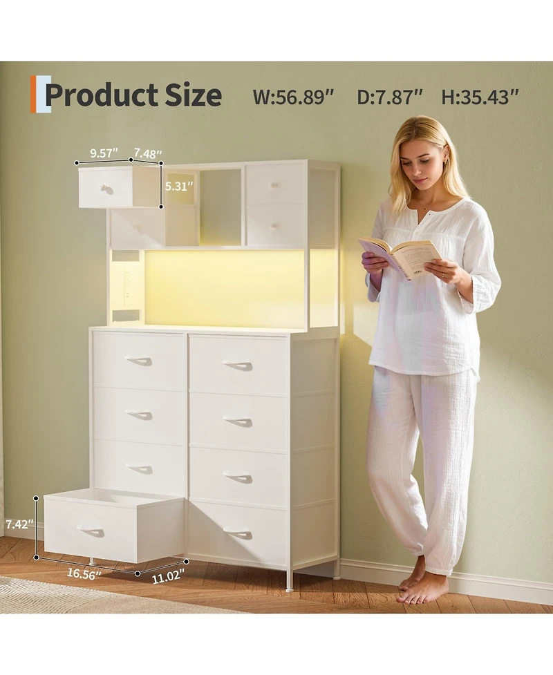 homfan 12 Drawer Dresser, 56 Inch Fabric Storage Cabinet with Led Light and Charging Station for Bedroom/ Living Room / Entryway