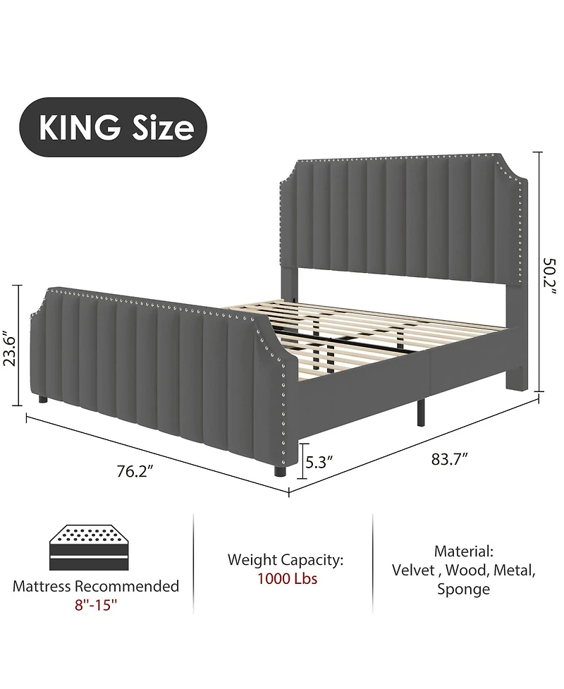 homfan Velvet Bed Frame, 50.2" Tall Headboard and Footboard, Upholstered Platform Bed with Nailhead Trim, No Box Spring Needed