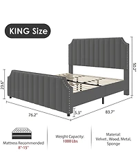 homfan Velvet Bed Frame, 50.2" Tall Headboard and Footboard, Upholstered Platform Bed with Nailhead Trim, No Box Spring Needed
