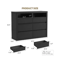 homfan 6 Drawer Dresser for Bedroom, Modern Mid Century Chest of Drawers with 2 Open Shelves, 47" Wooden Double Tv Stand Closet