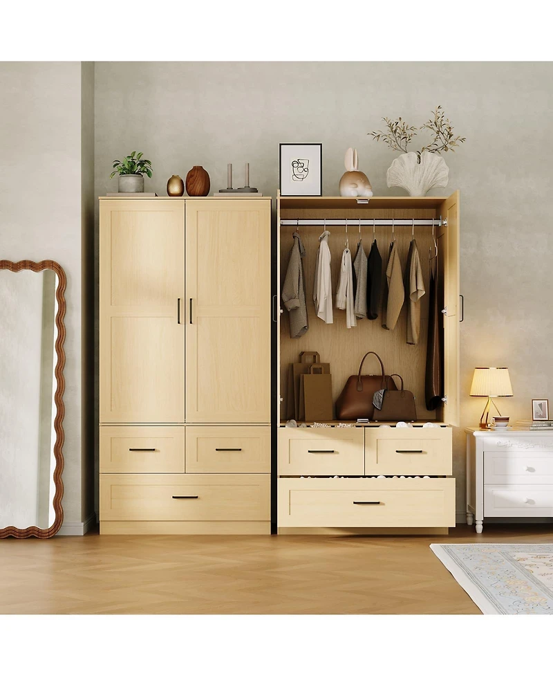 homfan Modern Wooden Wardrobe Closet for Bedroom, 70" Freestanding Armoire Cabinet with Hanging Rod, 3 Deep Storage Drawers, Tall Clothes Organizer