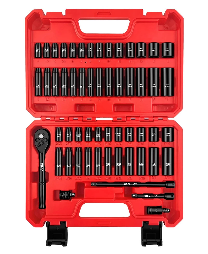 Xdovet 1/4inch Drive Impact Socket Set 55-Piece Sae Metric Deep Shallow Cr-v Steel 6 Point Ratchet Handle Extension Bar Adapter Universal Joint