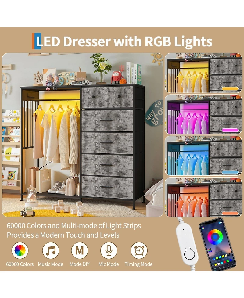 homfan 6 Drawer Dresser, 49 Inch Wood Tall Storage Cabinet with Hanging Rack and Led Lights for Bedroom Living Room Entryway